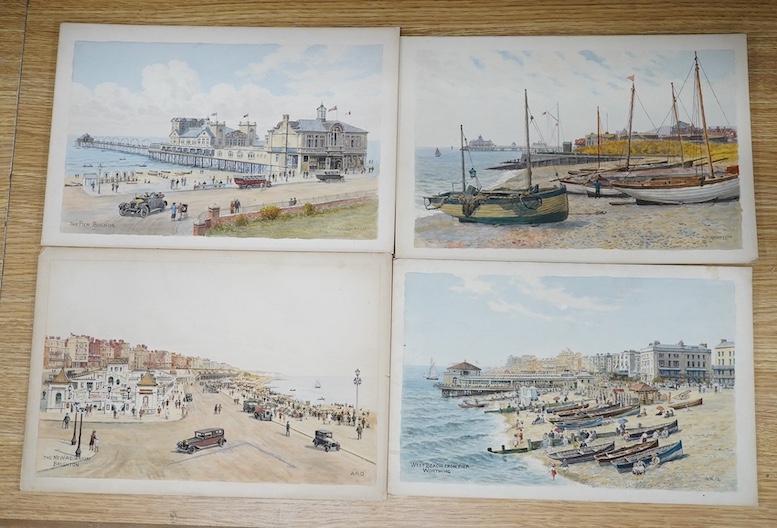 Alfred Robert Quinton (1853-1934), four original watercolours for postcards, Sussex views comprising The Pier, Bognor Regis, East Beach, Eastbourne, West Beach from the Pier and The New Aquarium Brighton, each signed, 20